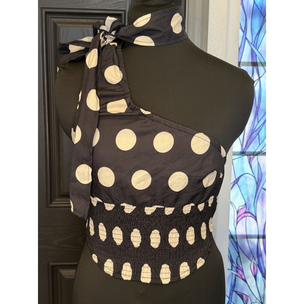 Eleven Navy & White Polka Dot Halter Crop Top Sleeveless Size Medium